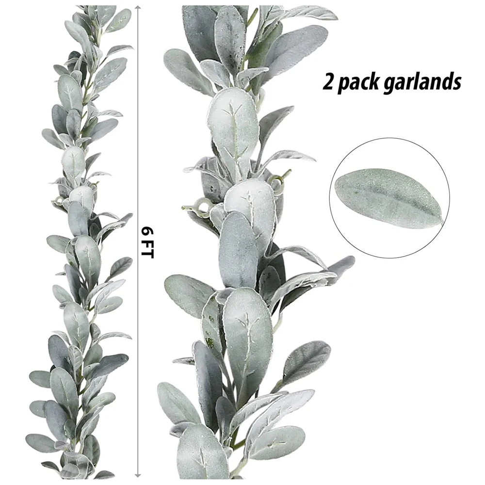 Guirxiété d'oreilles d'agneau floquées artificielles, fausse vigne douce, verdure et feuilles pour décor de manteau de cabane à cadre, 6 fédérations/pièces, 2 pièces