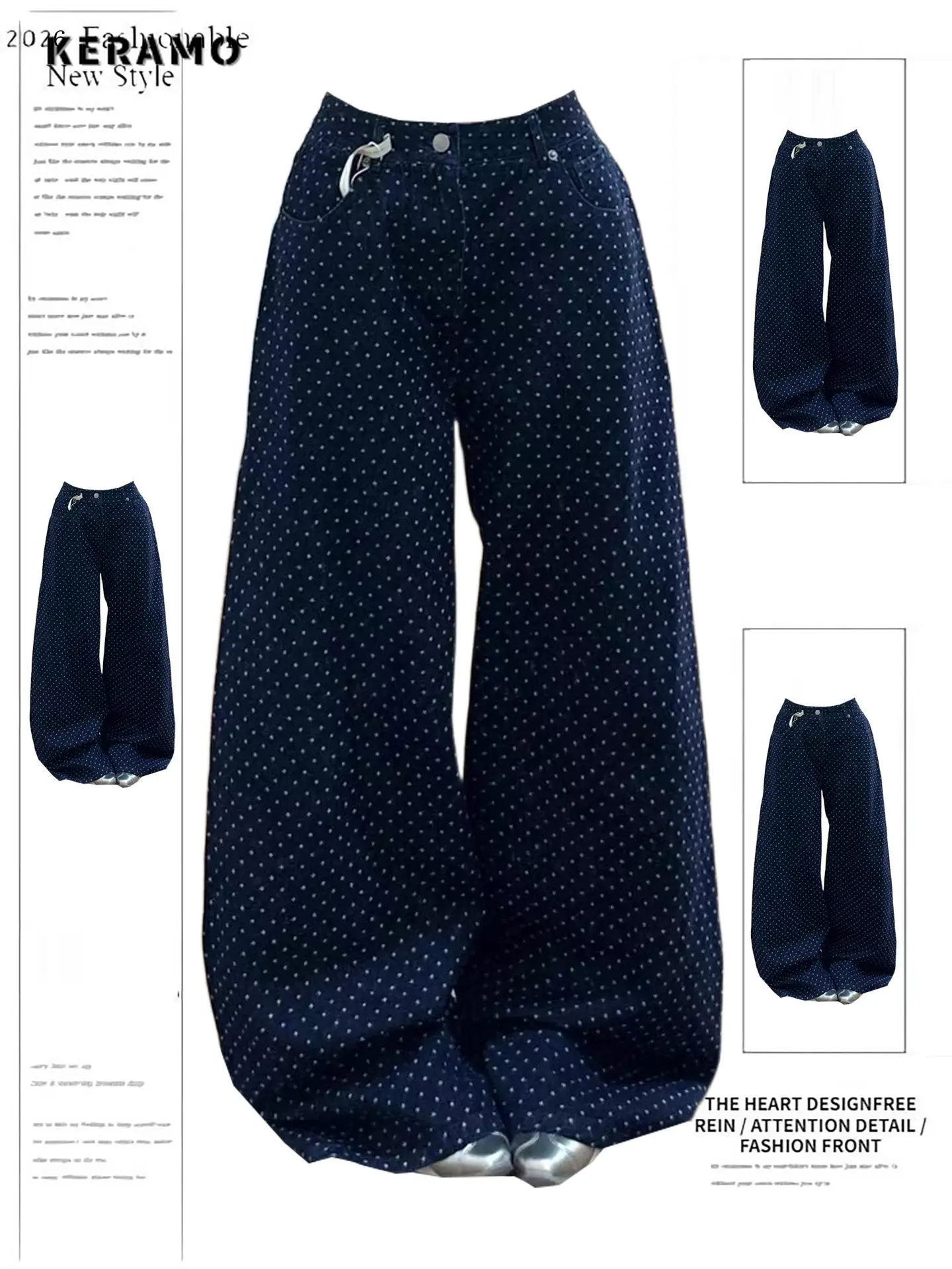 

New American Women Black High Street Vibe Wide-leg Jeans Women Washed Loose Straight Jeans Vintage Dot Print Wide Leg Trousers