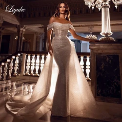 Liyuke Bling 2 In 1 Mermaid Wedding Dresses Pleats Strapless Beading Pearls Lace Off The Shoulder Trumpet Bridal Gown