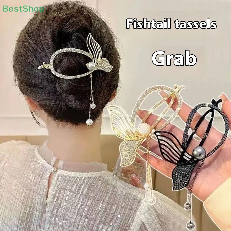 ♥ ♥ ♥ لؤلؤة حجر الراين البيضاوي ذيل السمكة تويست كليب الجزء الخلفي من الرأس أوبدو ذيل حصان كليب شرابة دبوس الشعر غطاء الرأس