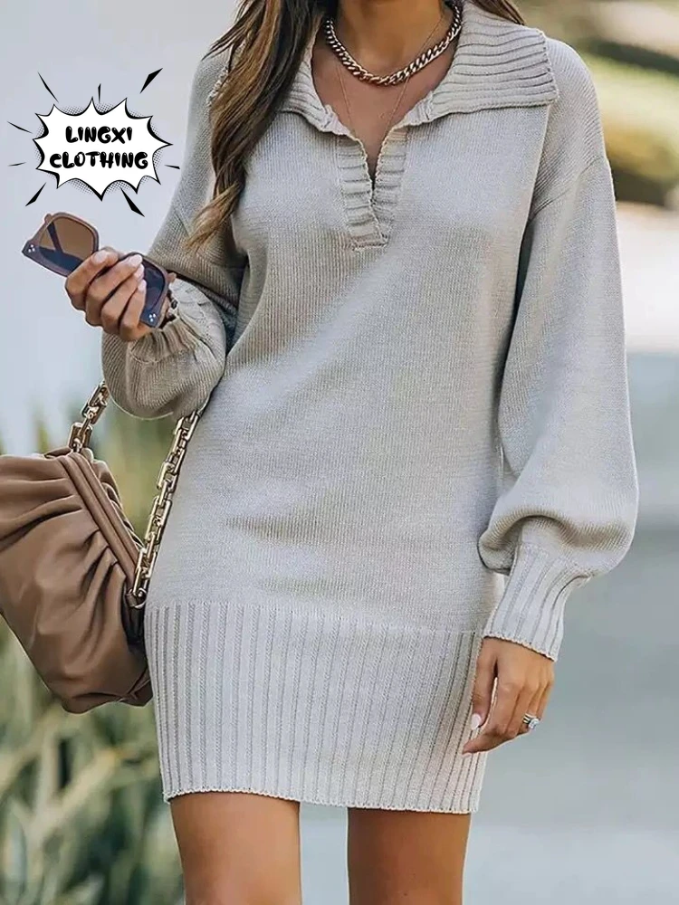 2023 Autumn and Winter Fashion Women\'s Knitted Hip Skirt Elastic Elegant Sexy Polo Party Knitted Sweater Pullover Long Dress