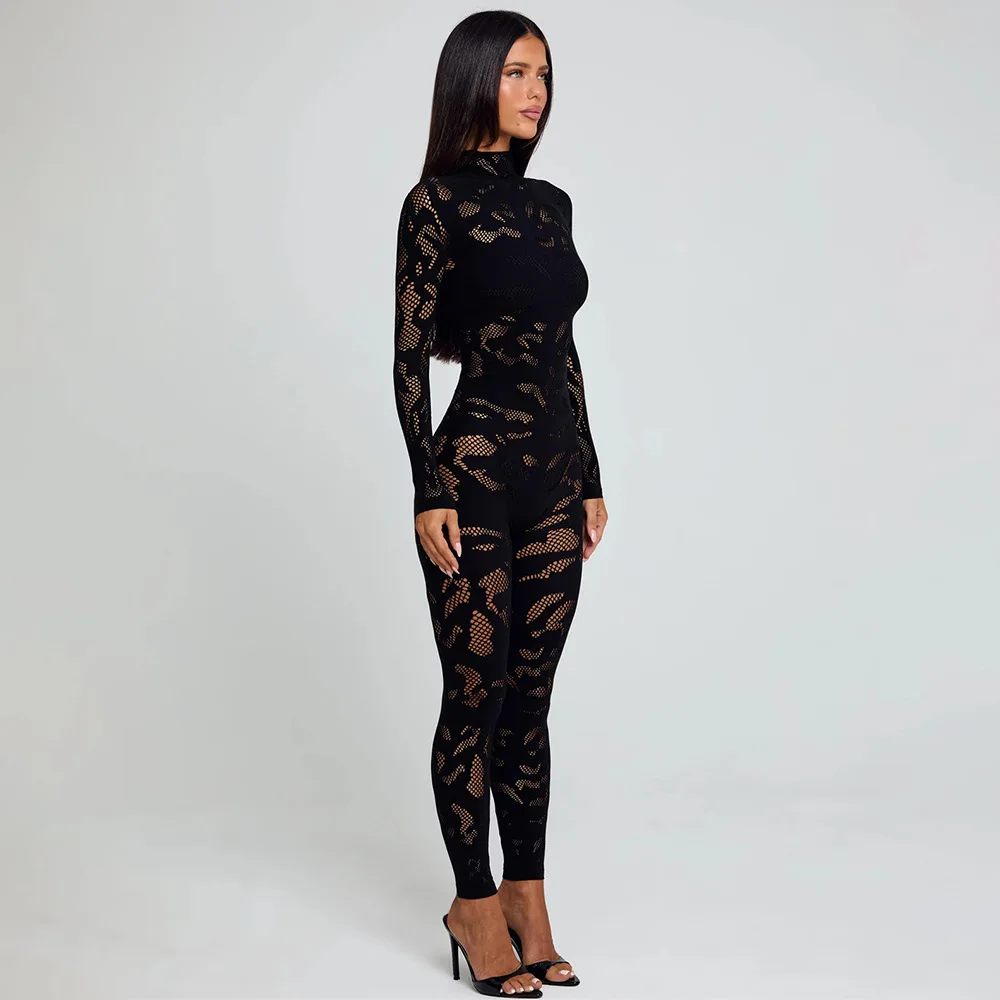 Combinaison une pièce transparente tricotée appliquée, tentation Sexy, pantalon une pièce moulant à haute élasticité pour femmes, vêtements de fête Sexy