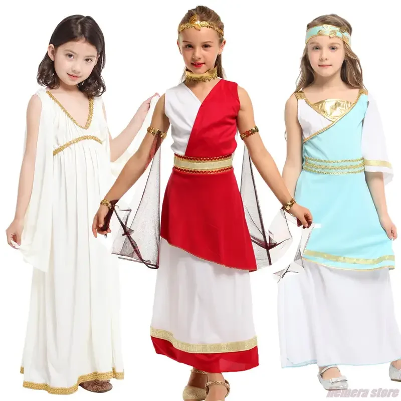 Kids Child Ancient Greek Goddess Costume Athena Cosplay Girls Roman Grecian Toga Dress Purim Halloween Book Week Party