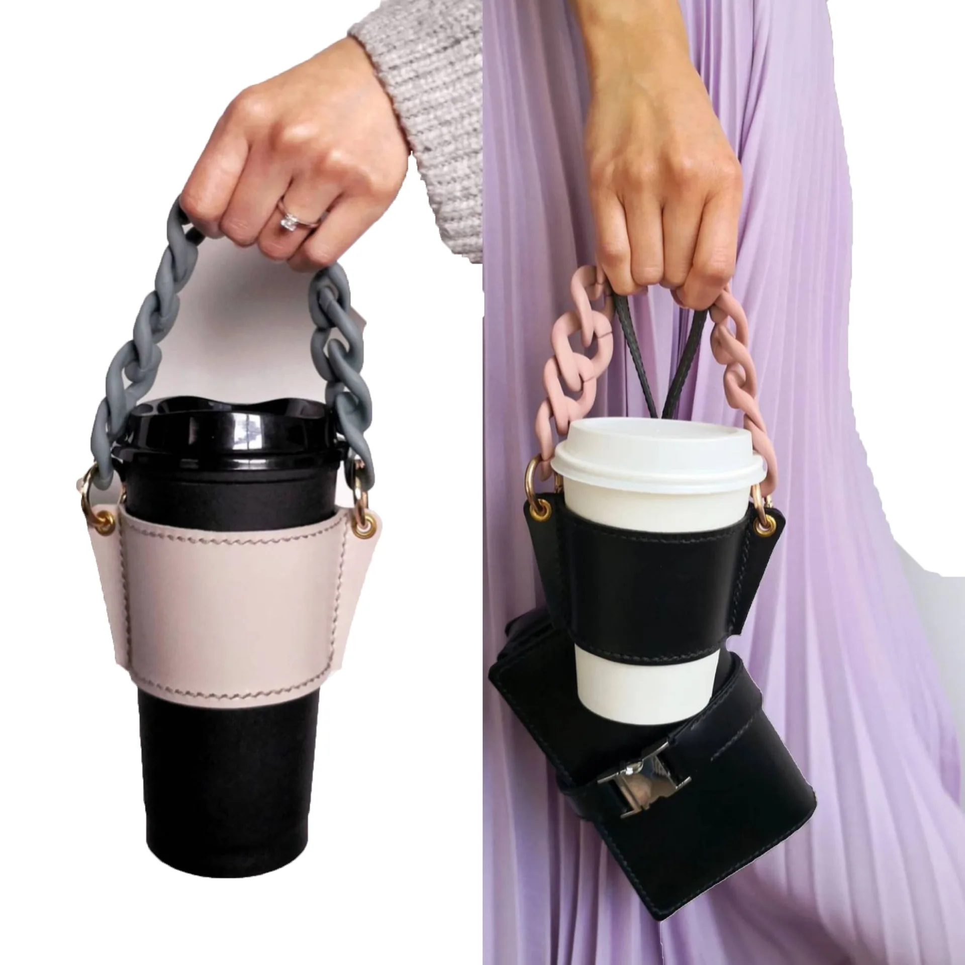 Fashion Chain Coffee Cup Holder PU Leather Portable Glass   Milk Tea   Detachable Outer Packaging  Case