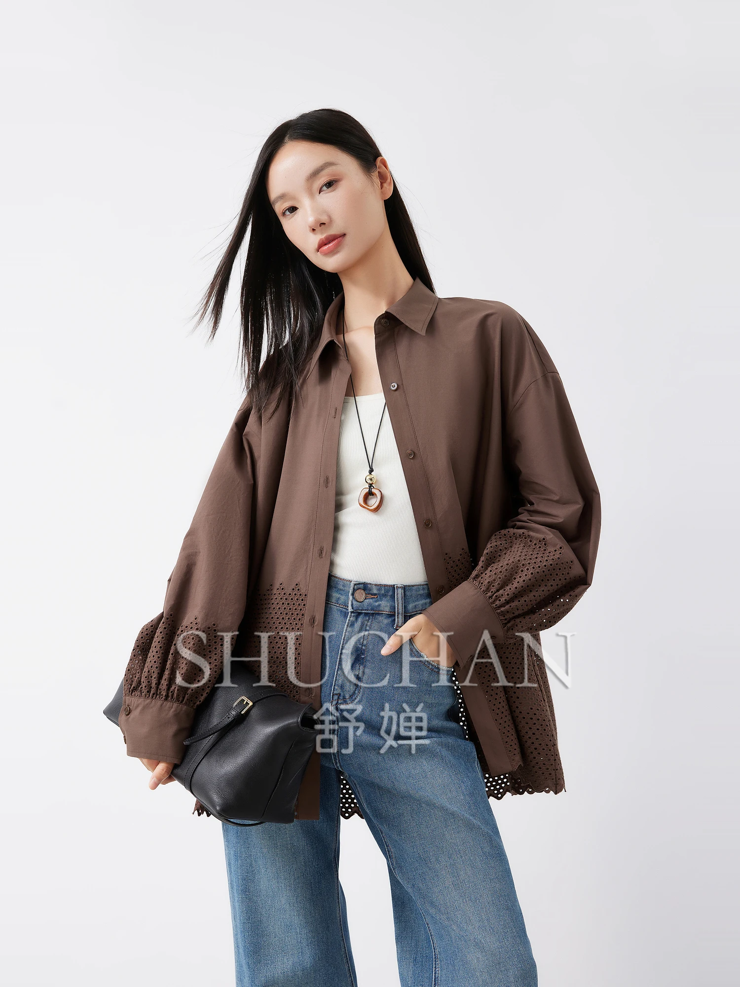 

100% Cotton Hem Heavy Industry Hollow Carved Hole Embroidery Neat Shirt Women Long Sleeve Top