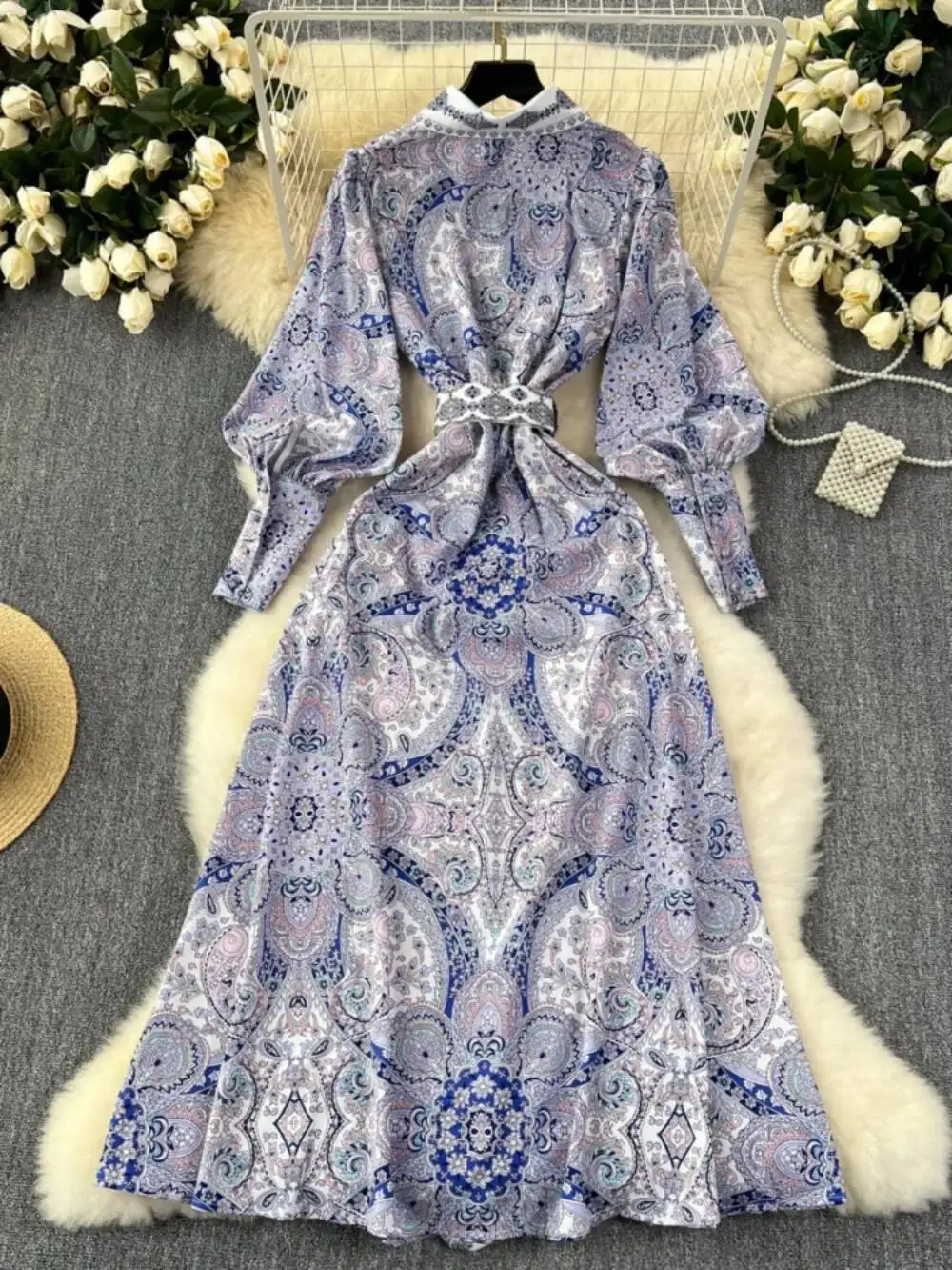 BabYoung Court Vintage Turn-Down Kraag Lantaarn Mouw Jurk Franse Stijl Print Slim Fit Shirt Gewaad Riem Elegante Casual vestidos