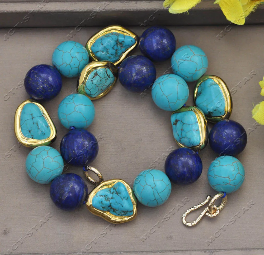 

MTC·STAR Z13032 19" 26mm Natural Blue Round Lapis Lazuli Gold Plating Baroque Turquoise Necklace