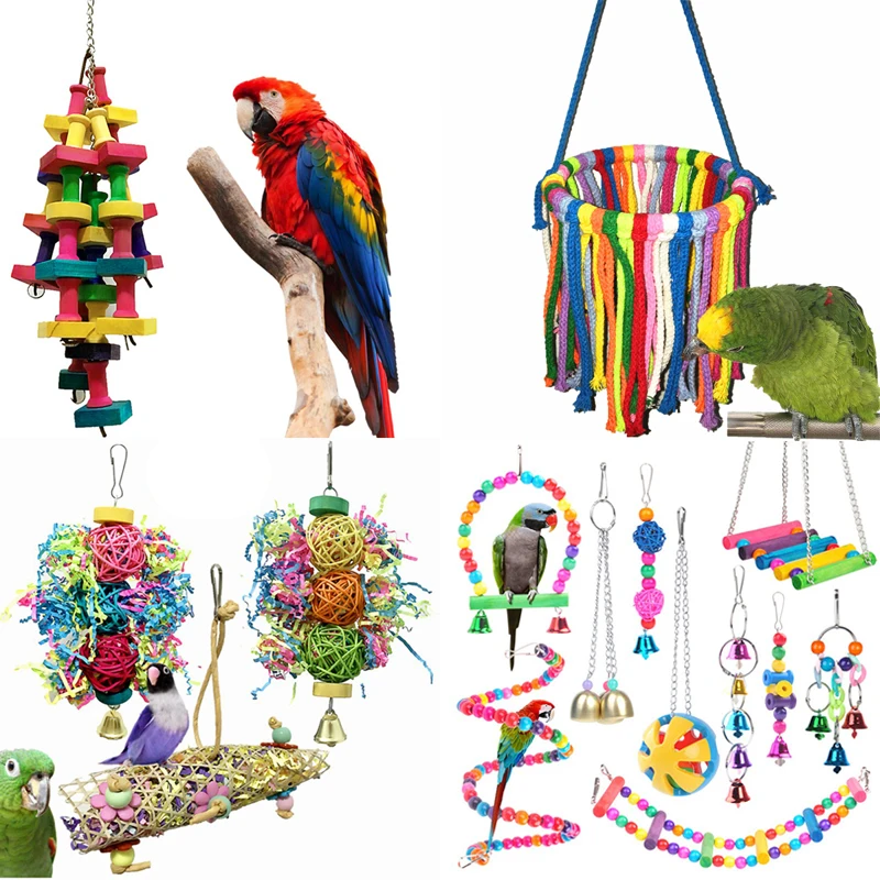 15 Styles Bird Toys Set Swing Chewing Training Toys Small Parrot Hanging Hammock Parrot Cage Bell Perch Toys with Ladder Toys