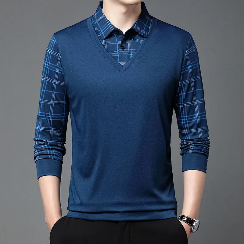 Long Sleeve Polo Shirt Men's Spring and Autumn New Plaid Heart Collar Middle-Aged Loose Dad Outfit T-shirt