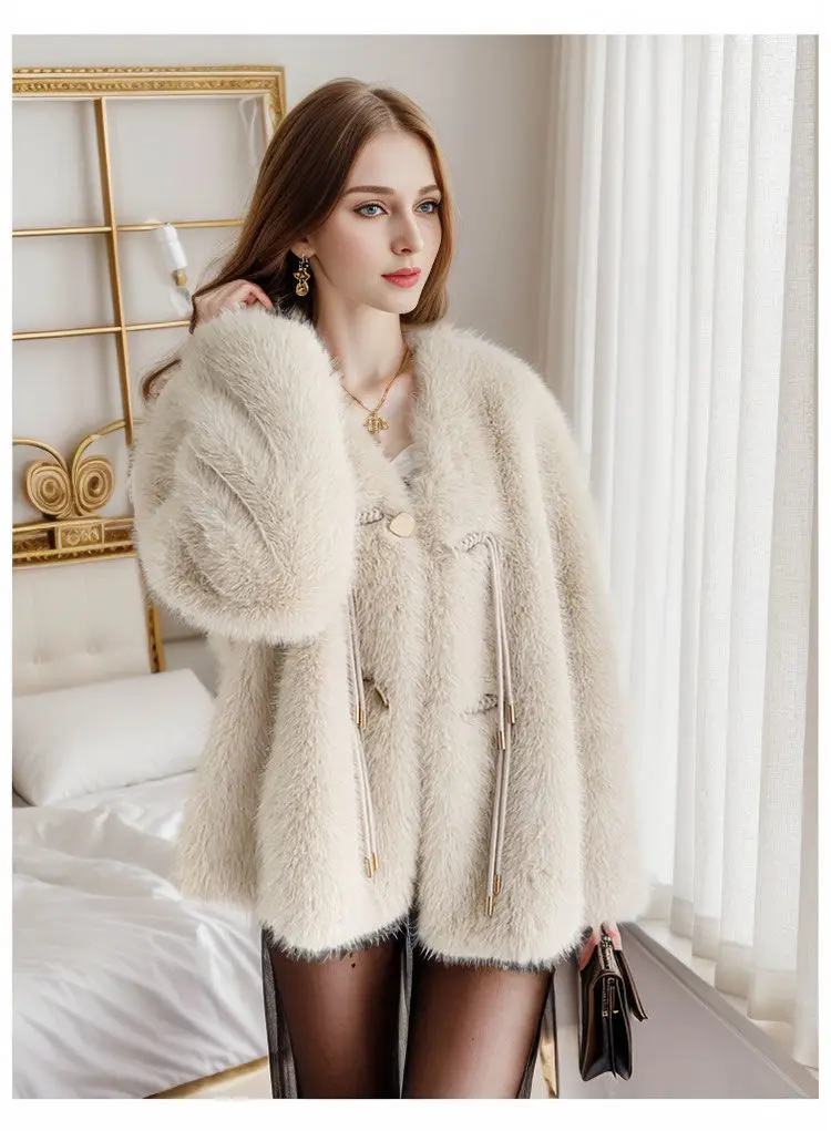 Autumn and winter new faux fur fox fur jacket with Chinese style design, solid color medium length women's fashionable top