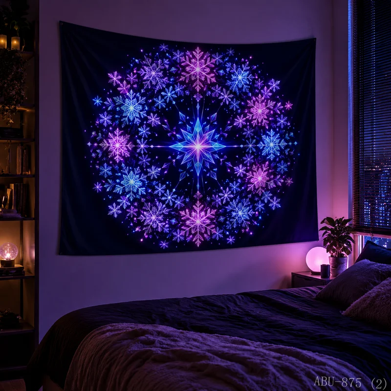 VIKAMA Neon Snowflake Mandala Tapestry Purple Blue Fluorescent Wall Hanging Winter Aesthetic Bedroom Dorm Decor Backdrop Cloth