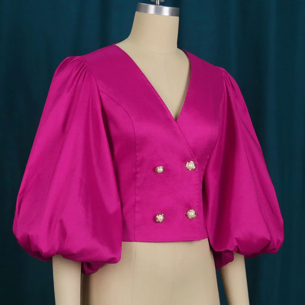 티나아 엘레강트 푸시아 새틴 셔츠 여성용 2026 봄 여름 브이넥 랜턴 소매 더블 브레스티드 어반 파티 블라우스 100718