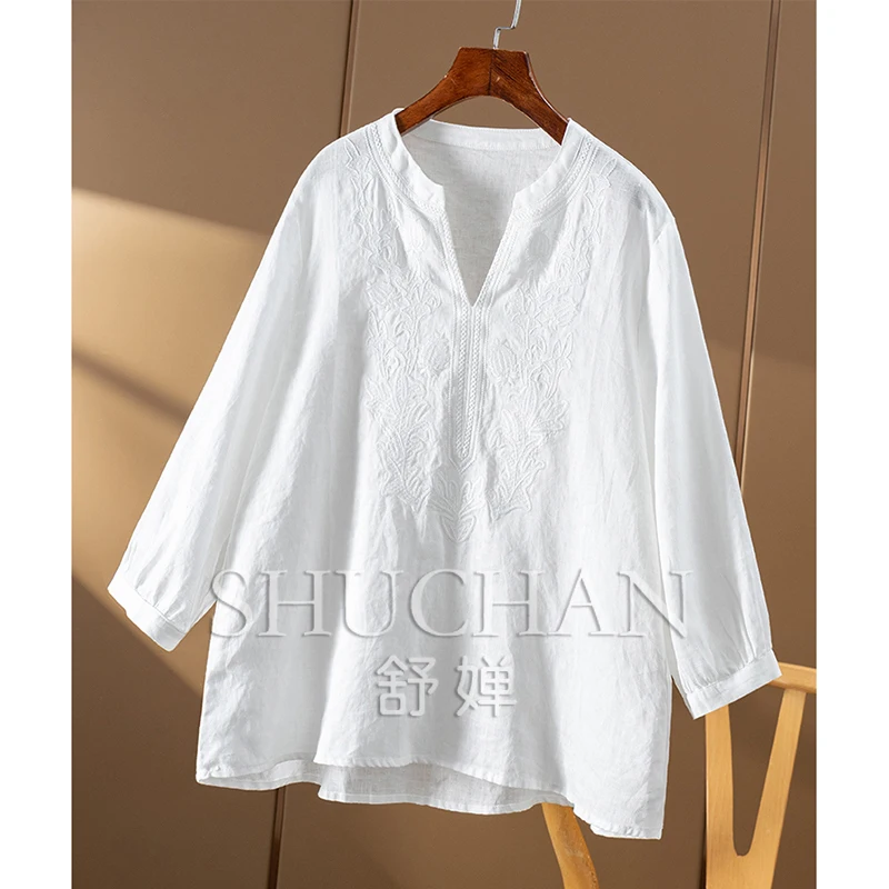 Exquisite Embroidery, French High Quality Linen Loose Crew Neck Blouse Women 7W07  Women Tops