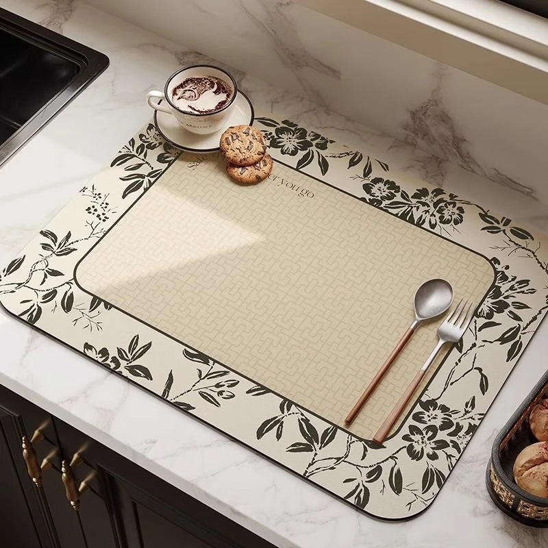 VIKAMA Kitchen Drain Mat Cream Black Floral Leaf Print Kitchen Counter Mat Highly Absorbent Fast Drying Anti Skid Flexible