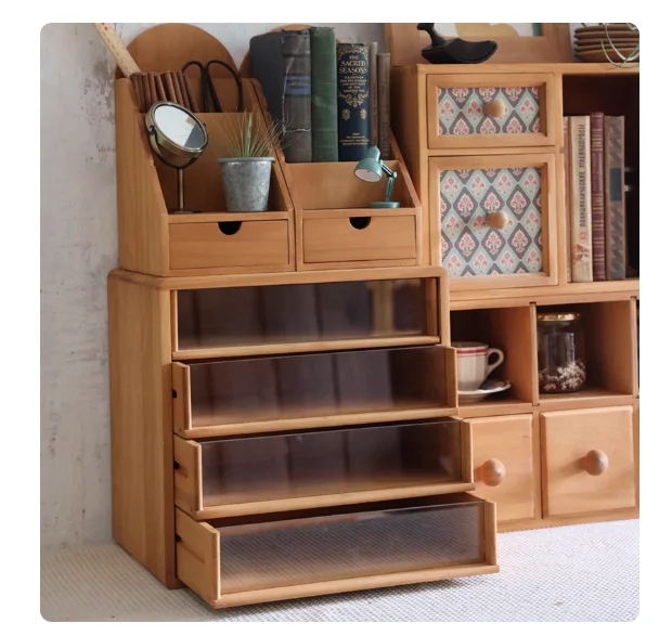 Wooden office desktop A4 file spool tea cup storage box multi-layer classification drawer style