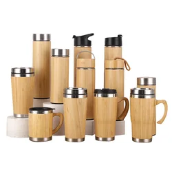 Display Bamboo Coffee Cup Stainless Steel Thermos Water Bottle Flip Lid Eco-Friendly Travel Cup Portable For Retirement Gift