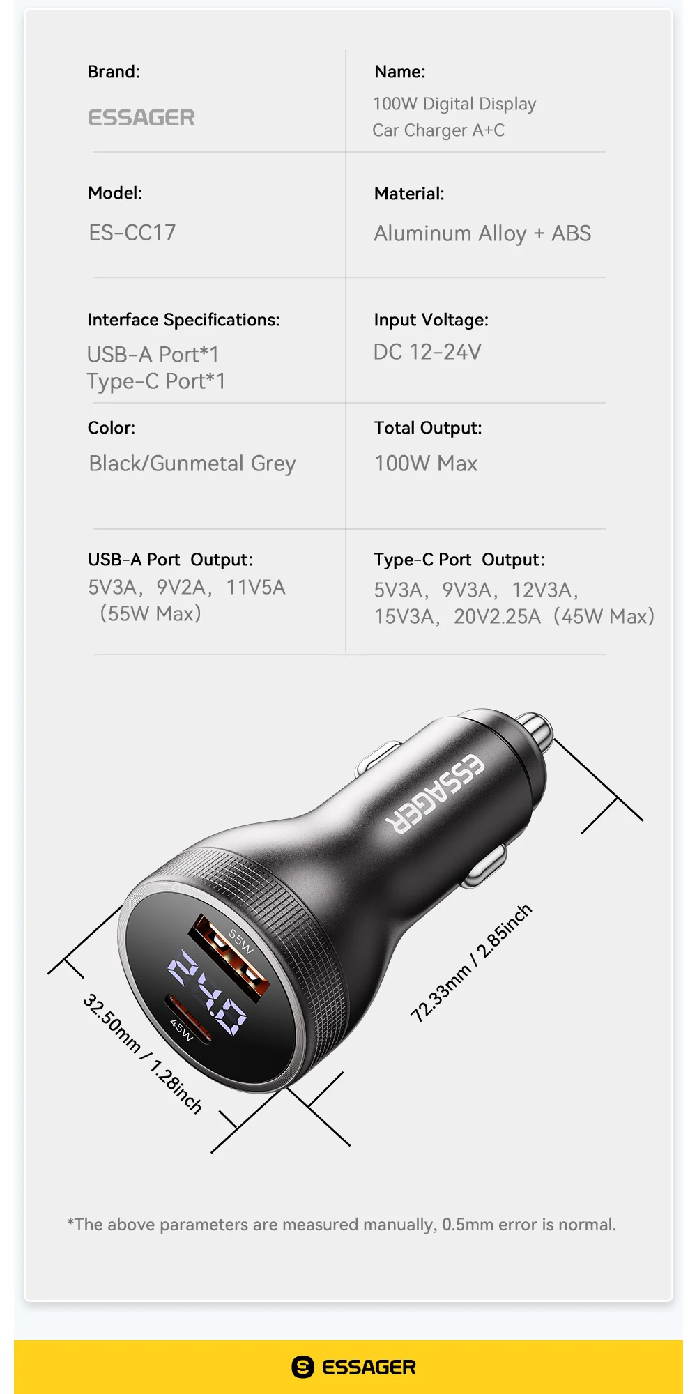 Essager 100W Car Charger USB C Quick Charge PD 45W for iPhone 15 Pro 14 Xiaomi Poco Samsung Galaxy S24 Fast Charger Charging