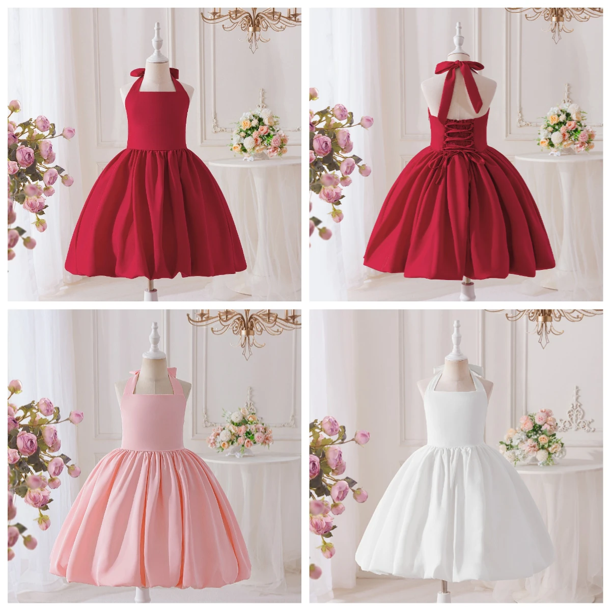 Girls Pink Formal Dress Back Bow Bubble Puffy Skirt Kids Wedding Flower Girl Birthday Party Piano Recital Princess Dress ASQ03