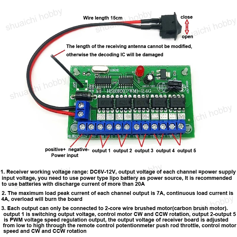 Système de contrôle radio pour modèle de robot de voiture jouet, télécommande bricolage, carte récepteur, distance de contrôle de 2.4 m, 500G, 10CH, 6V-12V, 1 ensemble