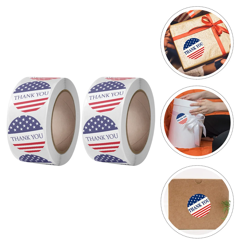 2 Rolls Sticker Patriotic Stickers Gift Favor Decals Round Self-Adhesive Sealing Circle 4th of July Themed Thank You Made