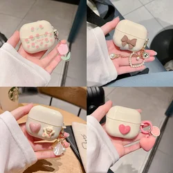 Cute Retro Beige Case for Samsung Galaxy Buds 3 Generation Bear Flower Case for Galaxy Buds3 Pro Case Keychain Lanyard