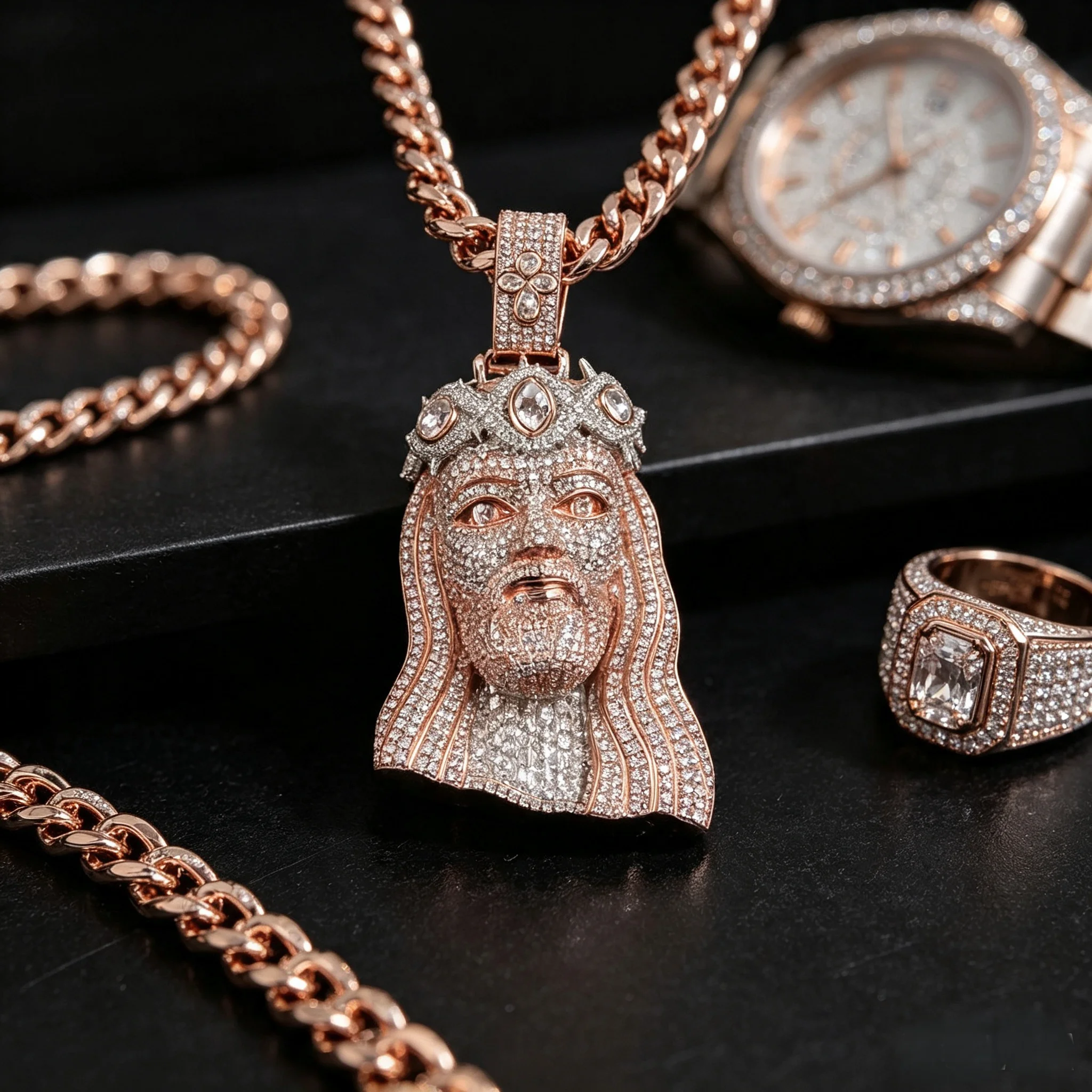 Two Tone Rose Gold Iced Out Jesus Face Pendant, Fully Micro Paved CZ Crystal Hip Hop Religious Charm, Men Luxury Bling Jesus Head Necklace Pendant, Streetwear Rap Statement Jewelry, Birthday Holiday Gift for Rapper Daily Club Party Fashion Accessory