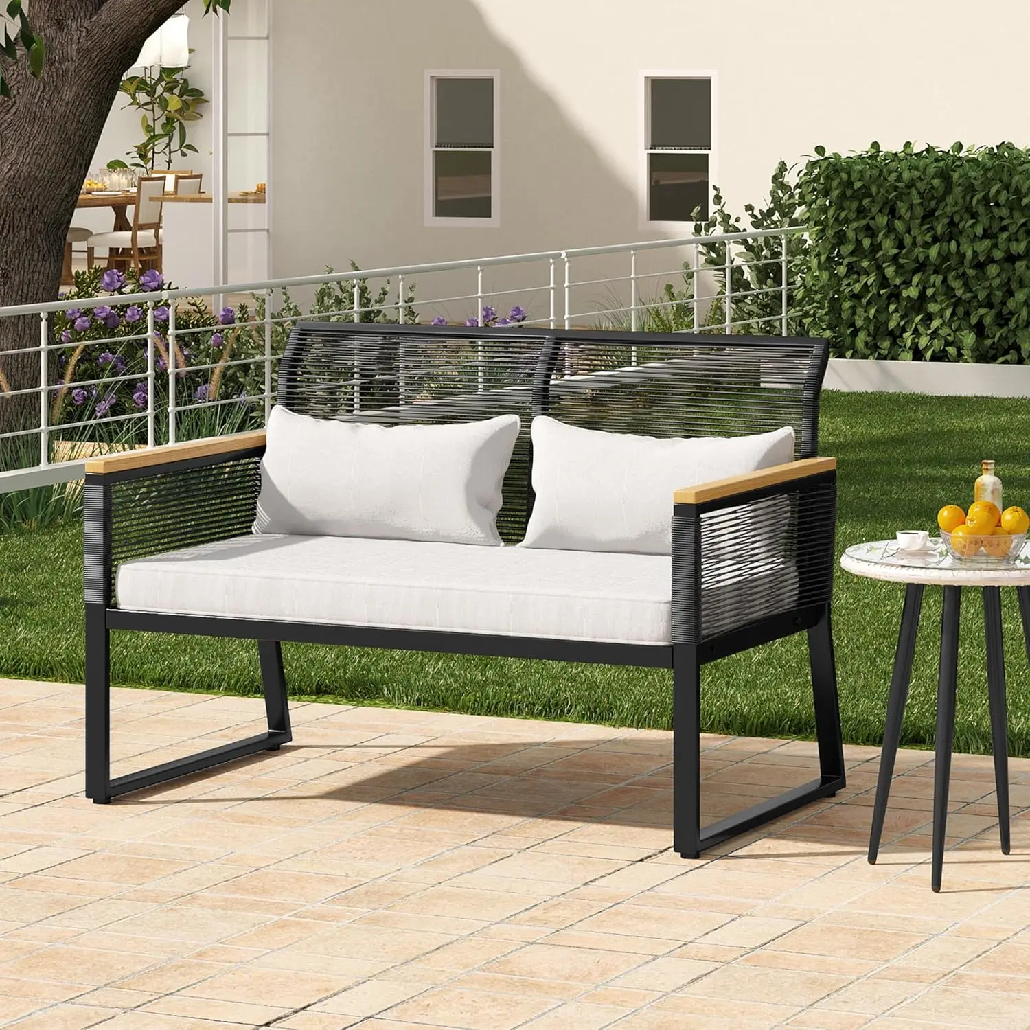 

Patio Loveseat All-Weather Wicker Loveseat with Wooden Armrest, Patio Outdoor Furniture Ideal for Backyard, Balcony, and Deck