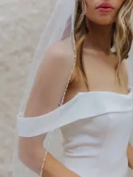 V107 Bridal Veils Crystal Beaded 1 Tier Fingertip Length Wedding Veil with Trim Edge Bridal Hair Accessorry Soft Tulle with Comb