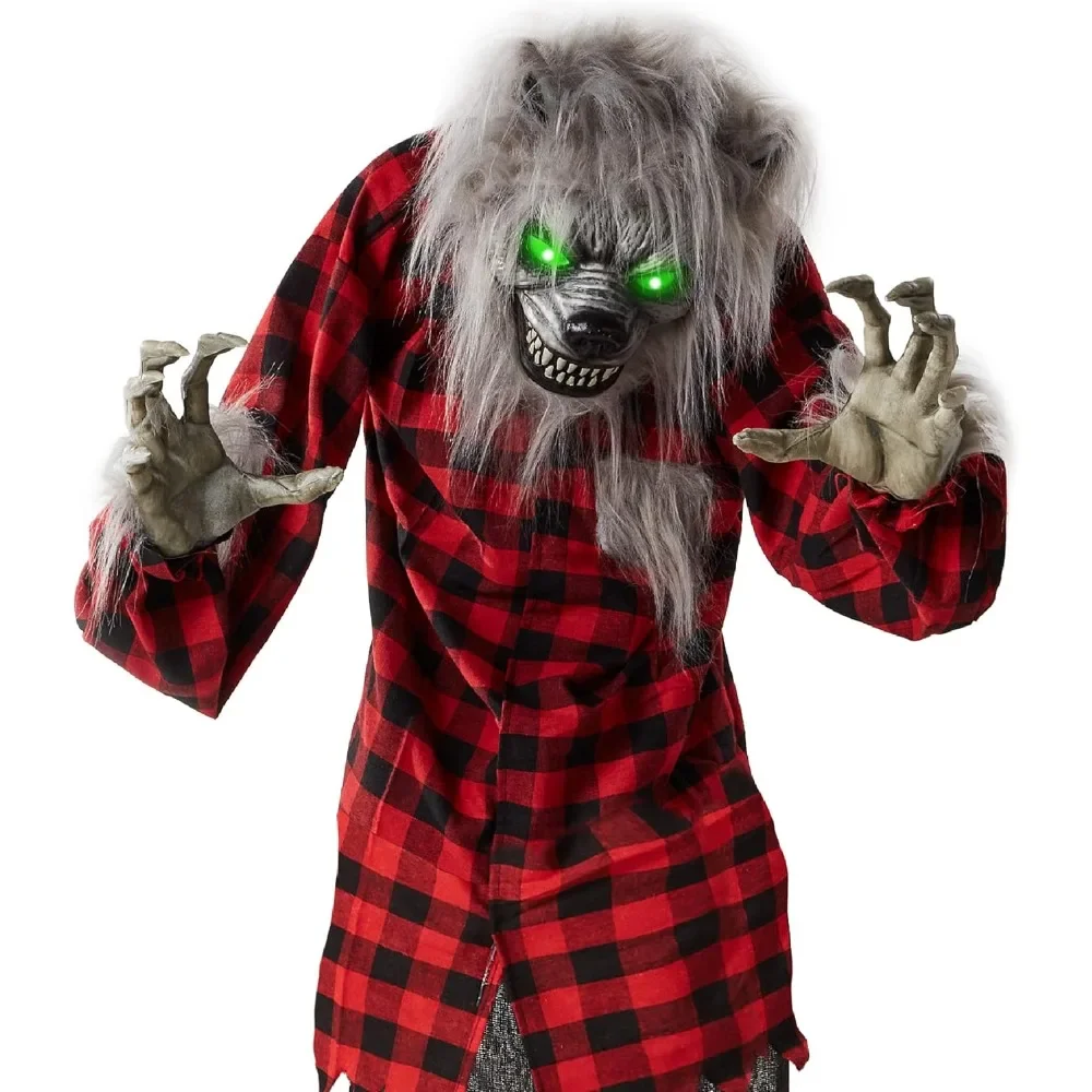 5ft Animatronic Werewolf Halloween Decor, Howling Hudson Standing Poseable Halloween Decoration w/Pre Recorded Phrases