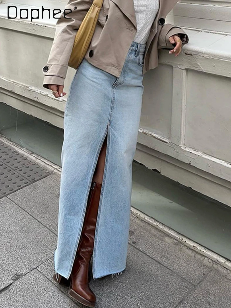 

Vintage Wash Blue Denim Long Skirt Slit Front Slim High Waist A-Line Wrap Hip Jeans Skirts Causal Retro Streetwear Female