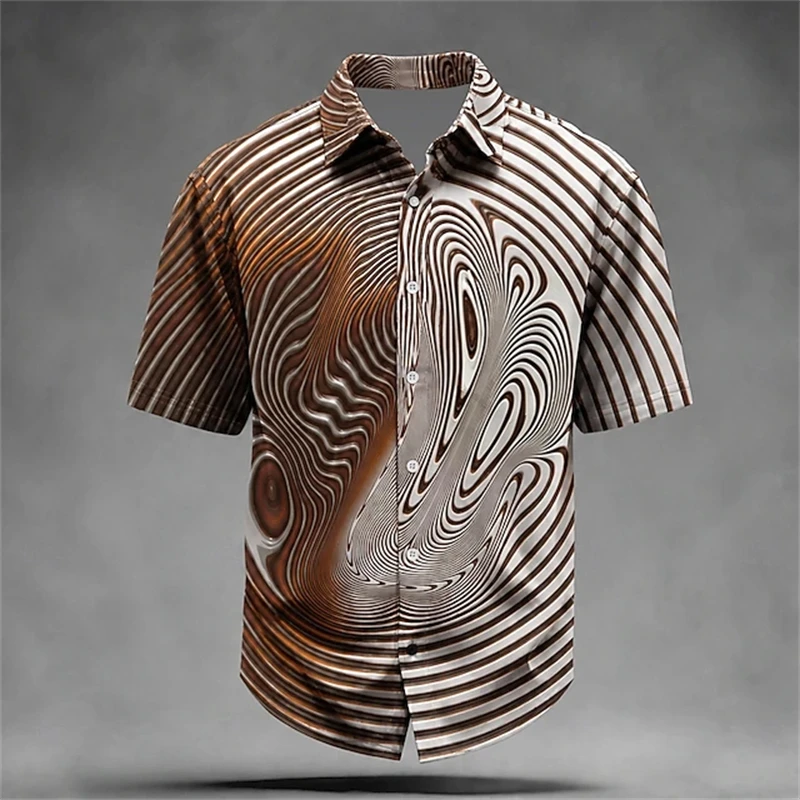 Image of Herren Retro Wellenmuster Kurzarm-Hemd Abstraktes Muster Sommer Casual Herren-Oberteil Einfaches und Elegantes Hemd mit Kragen und Knöpfen