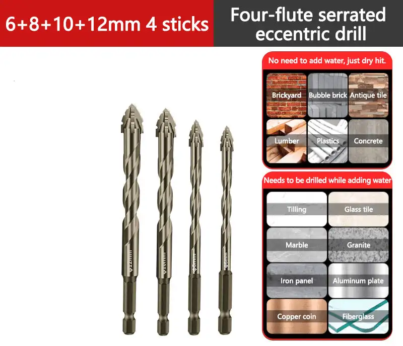 Upgraded Eccentric Four-Flute Drill Bit for Ceramic, Glass, Marble, and Metal