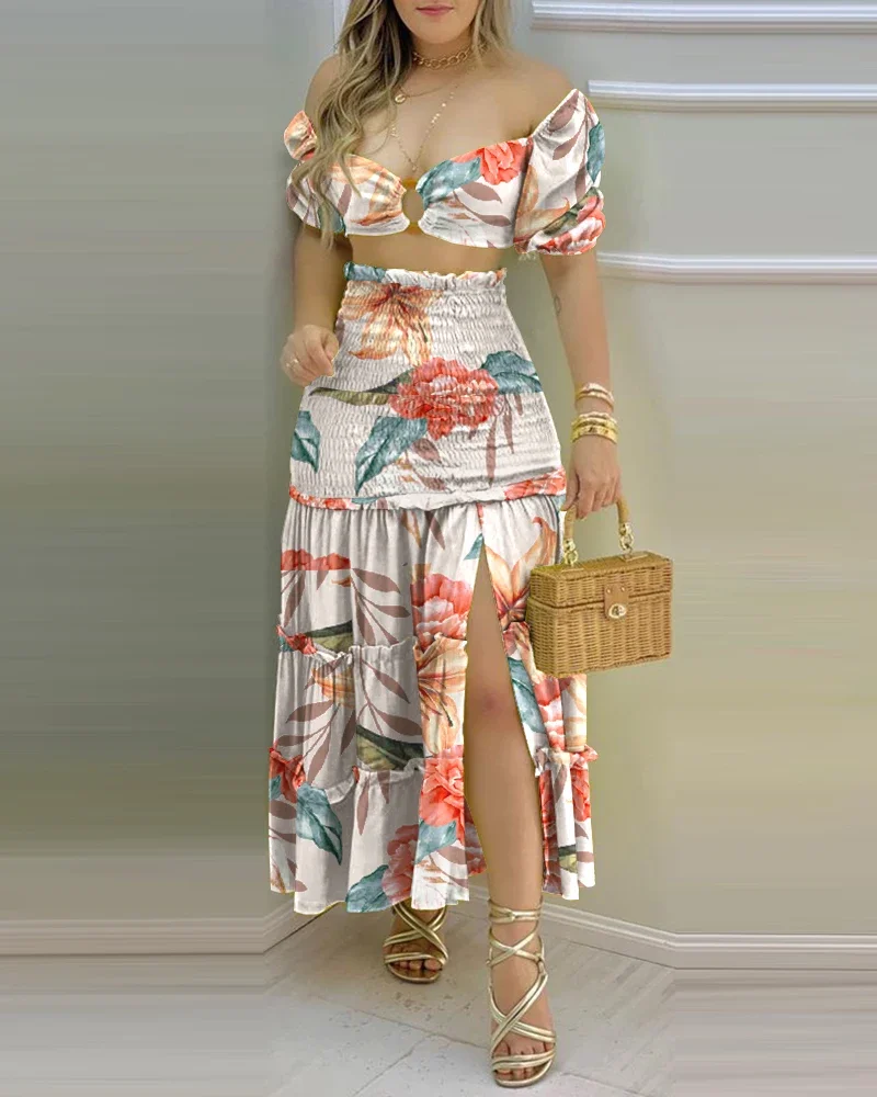 2024 Female Fashion New Summer Fashion Holiday Floral Print O Neck Crop Top Shirr +Slit High Waist Women Maxi Skirt Sets