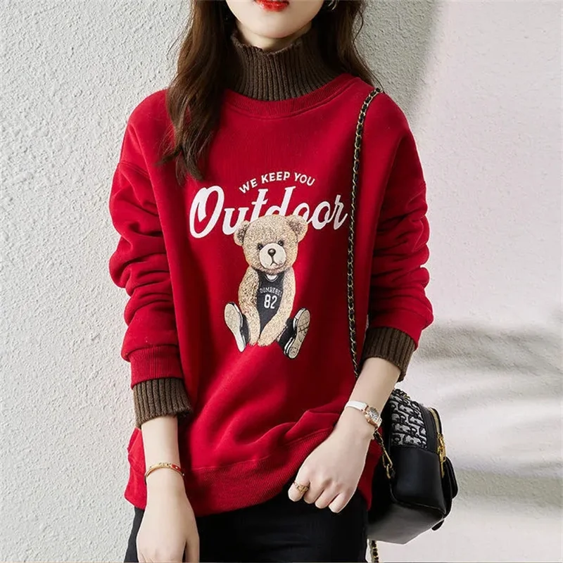 

Add Velvet And Thicken Half High Collar Sweatshirt Women's Hoodie 2025 New Spring Autumn Jacket Fashion Loose Top Coat Outerwear