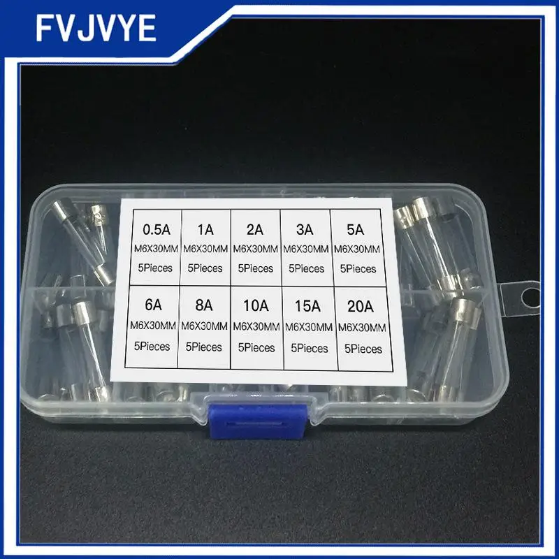 6x30mm Glass Fuse Tube Set Each With 5pcs 0.5A~20A Fuse Tubes 50pcs Packaged For Household Appliances A2