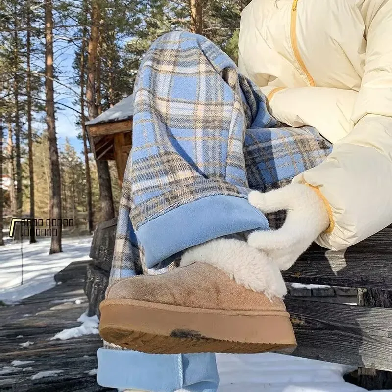 

Мужские широкие брюки в клетку на флисовой подкладке, осенне-зимние, новые, повседневные, прямого кроя, теплые, свободные, удобные, из полиэфирного волокна