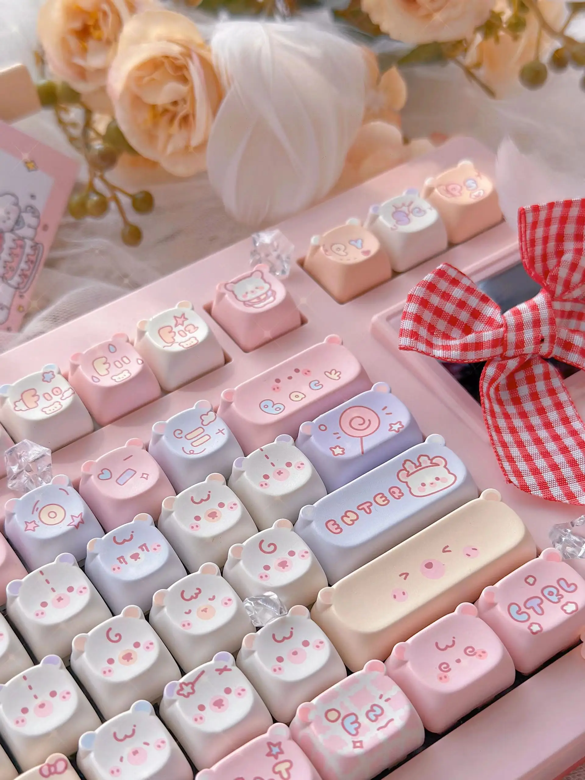 

Cute Kawaii Bear EAO keycap Pink Purple Expression Pbt For Diy Mechanical Keyboard Side Engraved Cute Cat Keycap Iso/Ansi Layout