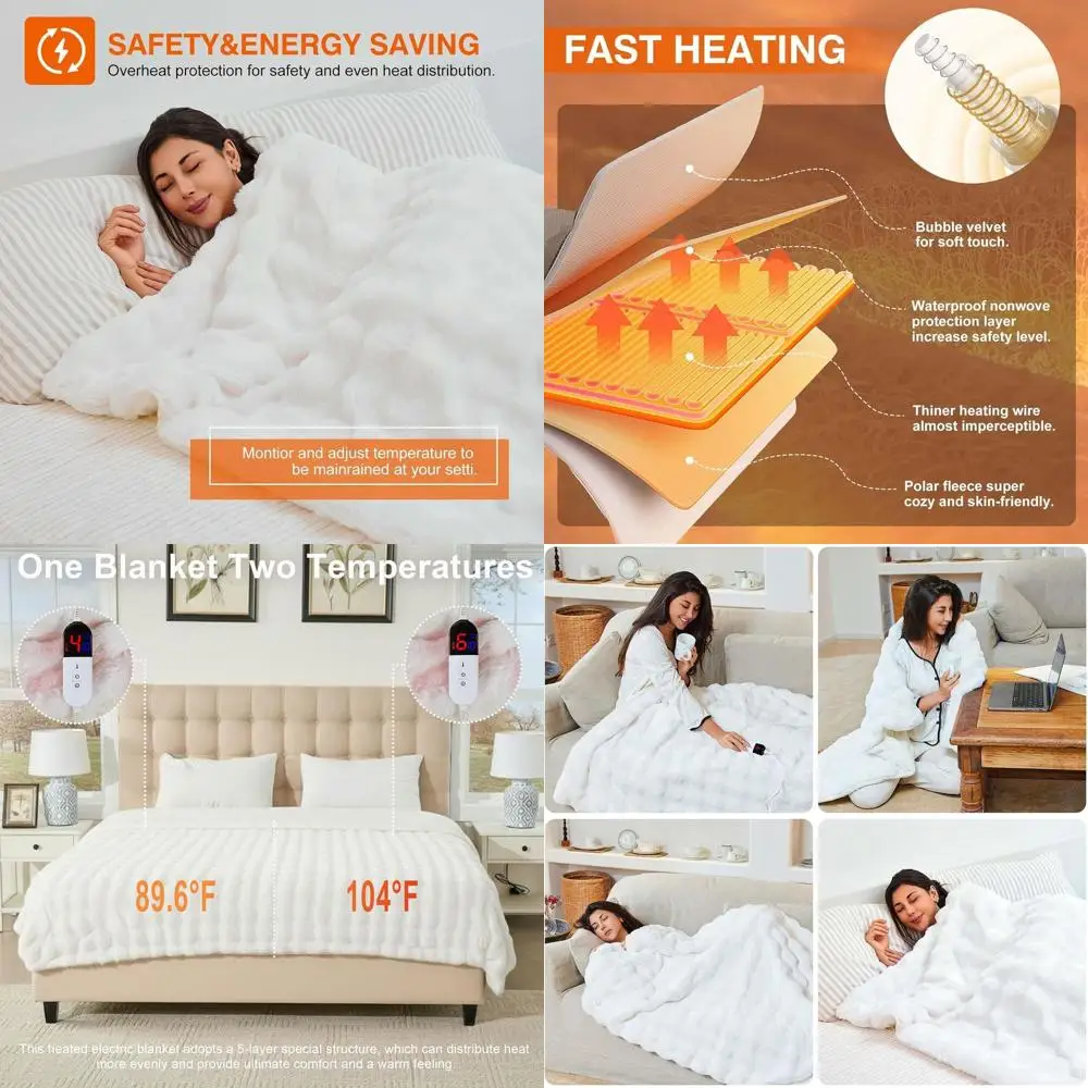 

Электрическое одеяло с двойным управлением, имитирующее мех кролика, с 6 режимами нагрева, быстрым нагревом, автоматическим отключением (90x100, кремовое)