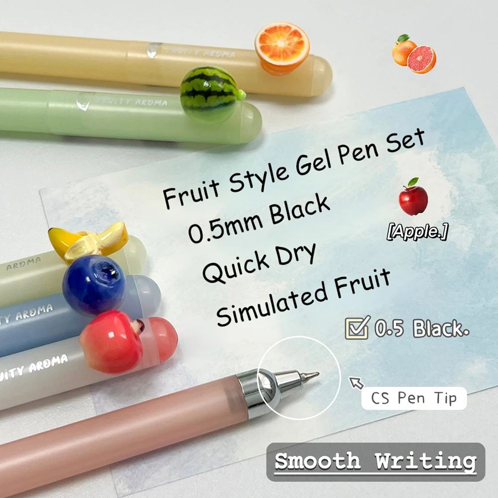 6Pcs Fruit Style Gel Pen Set 0.5mm Scented Quick Dry Pens Creative Black Writing Pens Fun Apple Shaped For School And Office Use