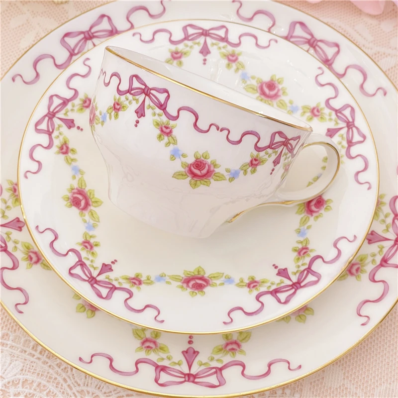 French Pink Coffee Cup and Saucer Dessert Plate 3 Pcs Bow Retro Rose Bone China Mug Home Afternoon Tea Ceramics Tableware Set