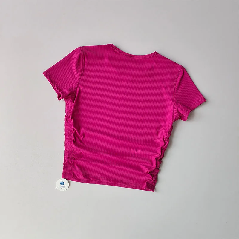 Geripptes Sport-Kurzarm-Yoga-Oberteil für Damen, schnelltrocknend, schlankmachend, taillenbetont, Fitness-Top, Trainings-T-Shirt, Sommer – Detail 9