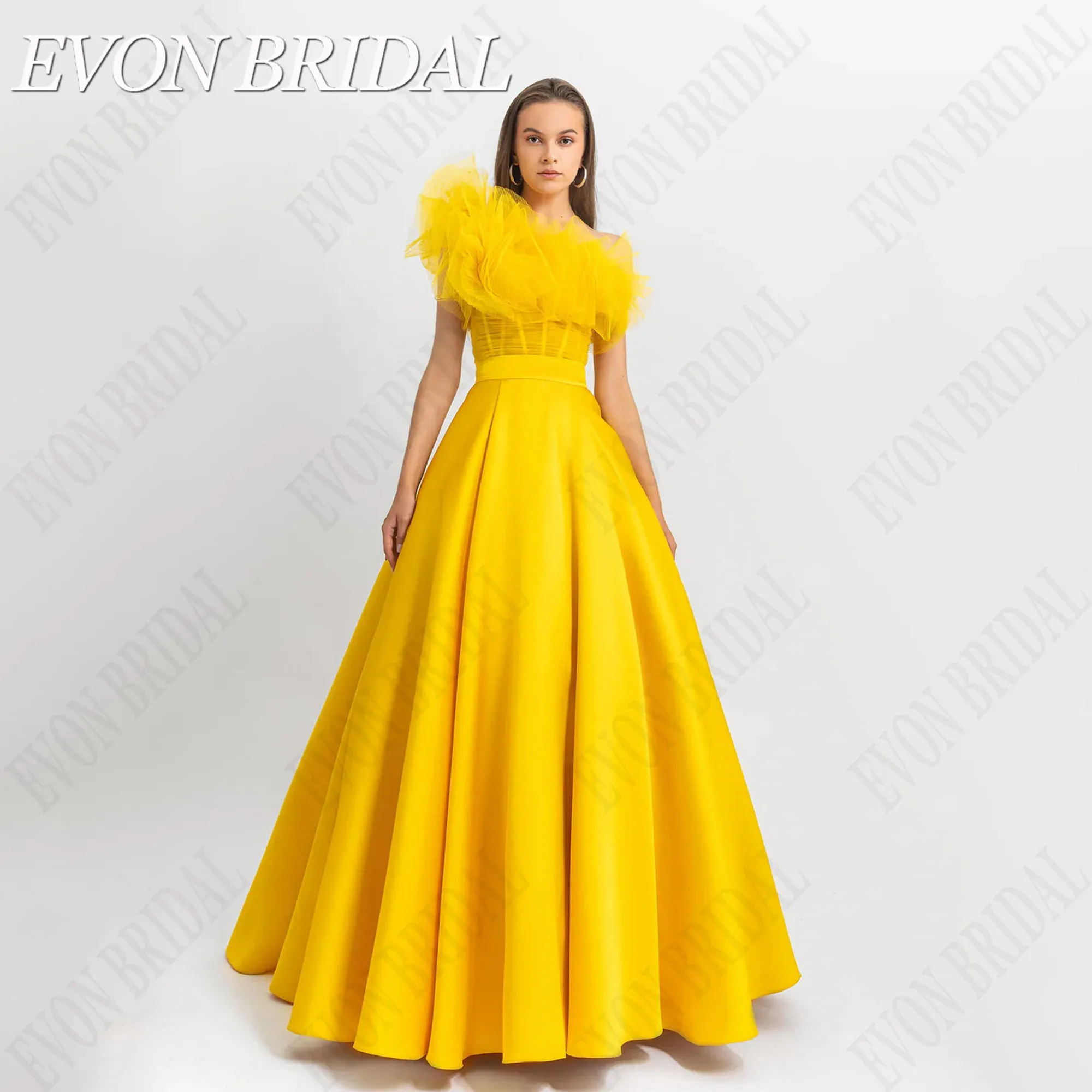 

EVON BRIDAL One Shoulder A-Line Evening Gown Sleeveless Yellow Satin Celebrity Dress Floor Length vestidos de ocasião Customized