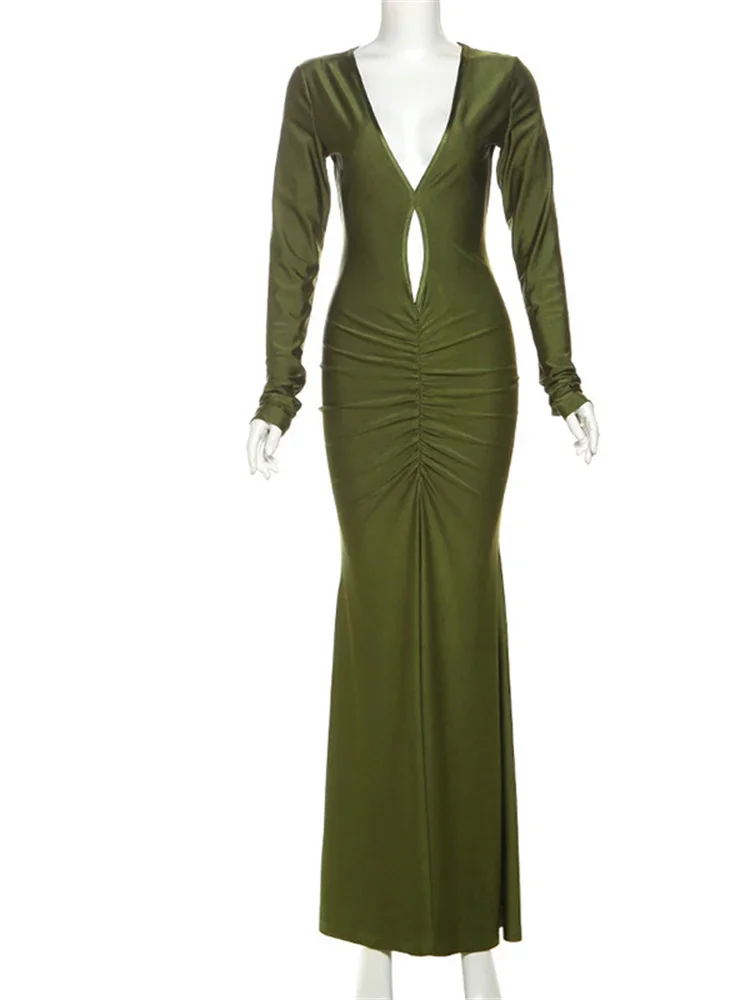 فستان نسائي أنيق من Nibber عالي الشارع مثير برقبة منخفضة وأكمام طويلة مفرغة لتشكيل الجسم ملابس سهرة متينة للسيدات