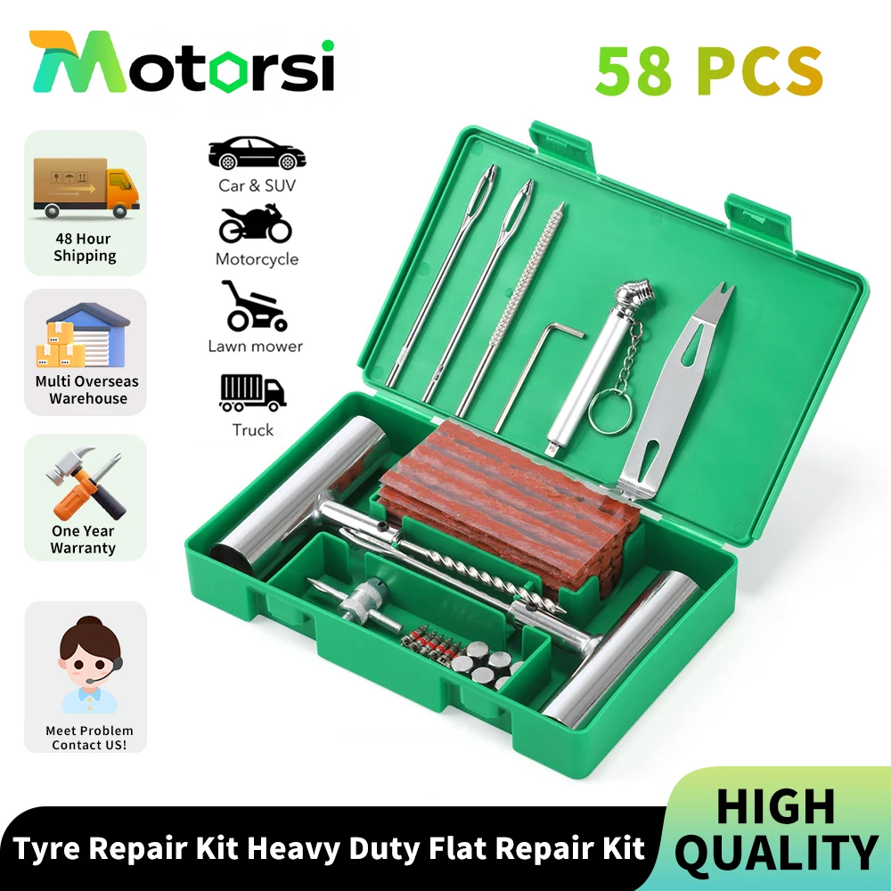 Motorsi 58 pièces outil de réparation de pneus de voiture ensemble de réparation plat robuste avec manomètre de pneu pour voiture Van moto vélo camion ATV