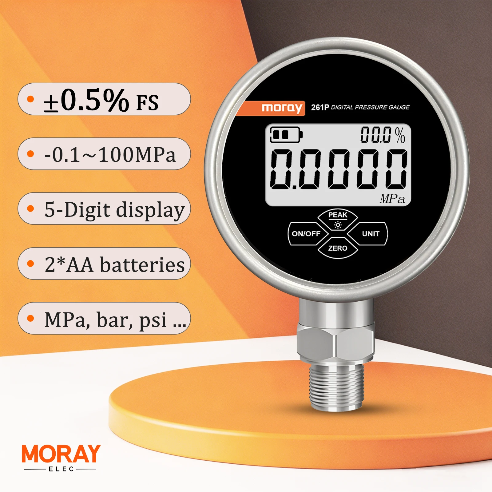 

Digital Pressure Gauge 0.5%FS Accuracy 304 Stainless Steel IP54 5-Digit Display for Air Water Oil