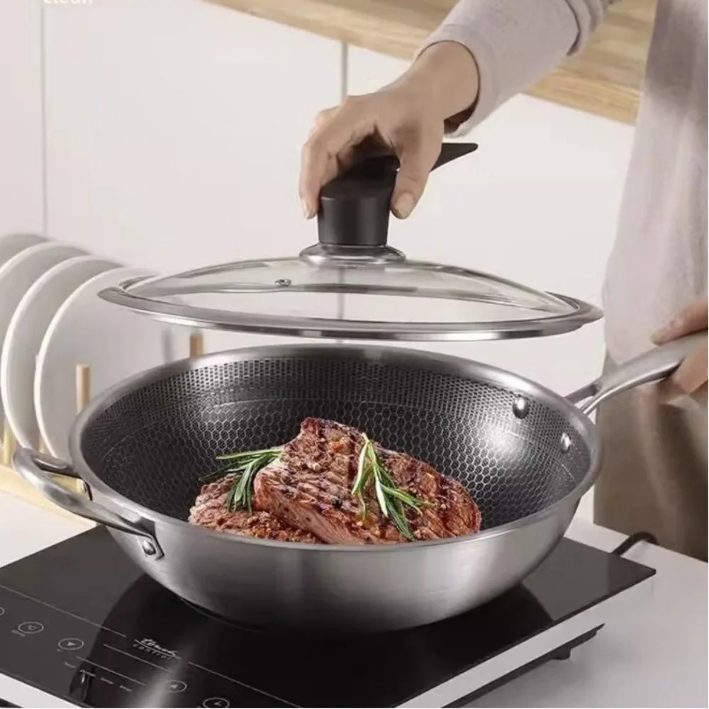 

Household 32cm Stir Fry Pan Stainless Steel Thicken Wok Pan Flat Bottomed Non-Stick Frying Pan Kitchen Cookware