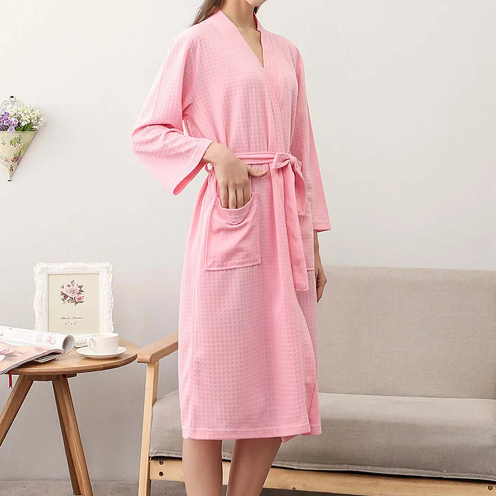 

Spring Autumn White Couple V-Neck Long Bathrobe Summer New Waffle Casual Robe Gown Loose Sleepwear Dry Quickly Home Pajamas Robe