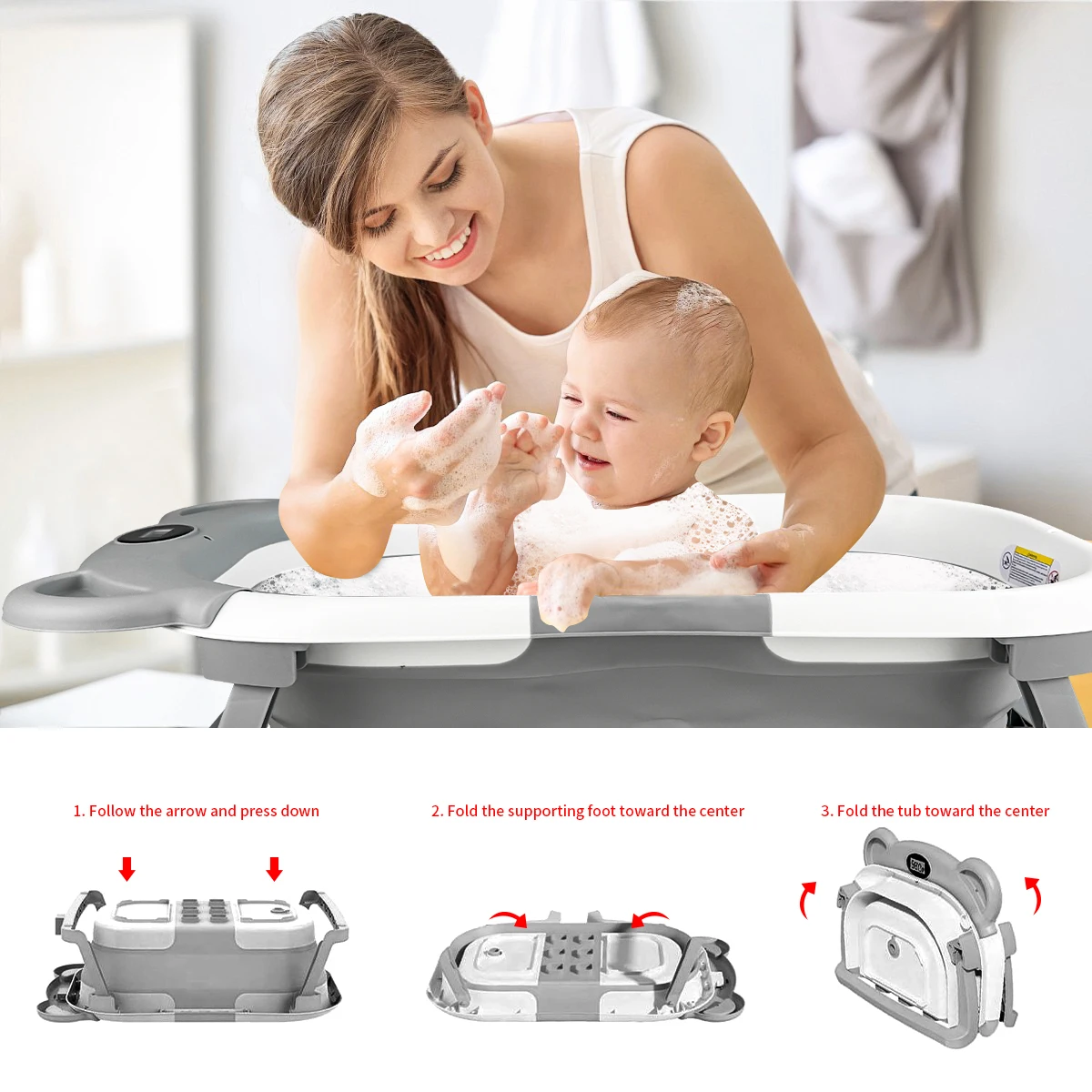 Folding Baby Bathtub with Integrated Thermometer, Non-slip Cushion, Portable Travel Shower, Bath Pool,Baby Bath Accessories image 3