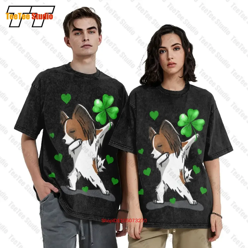 Papillion Dog Dabbing Lucky Irish Shamrock Vintage Oversized T-Shirt 99C4