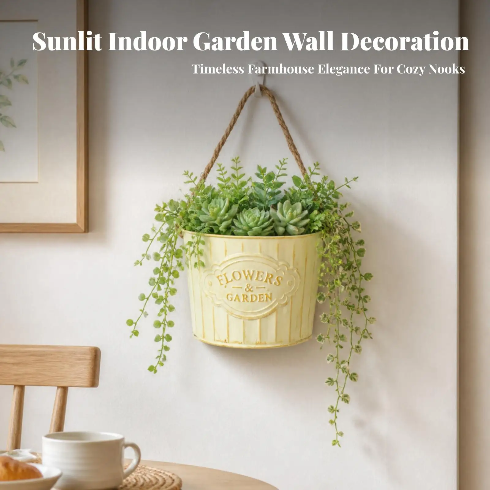Rustic Half-Round Wall Planter | Distressed Cream Finish, Space-Saving Vertical Design, Hanging Planter with Rope, for Patio